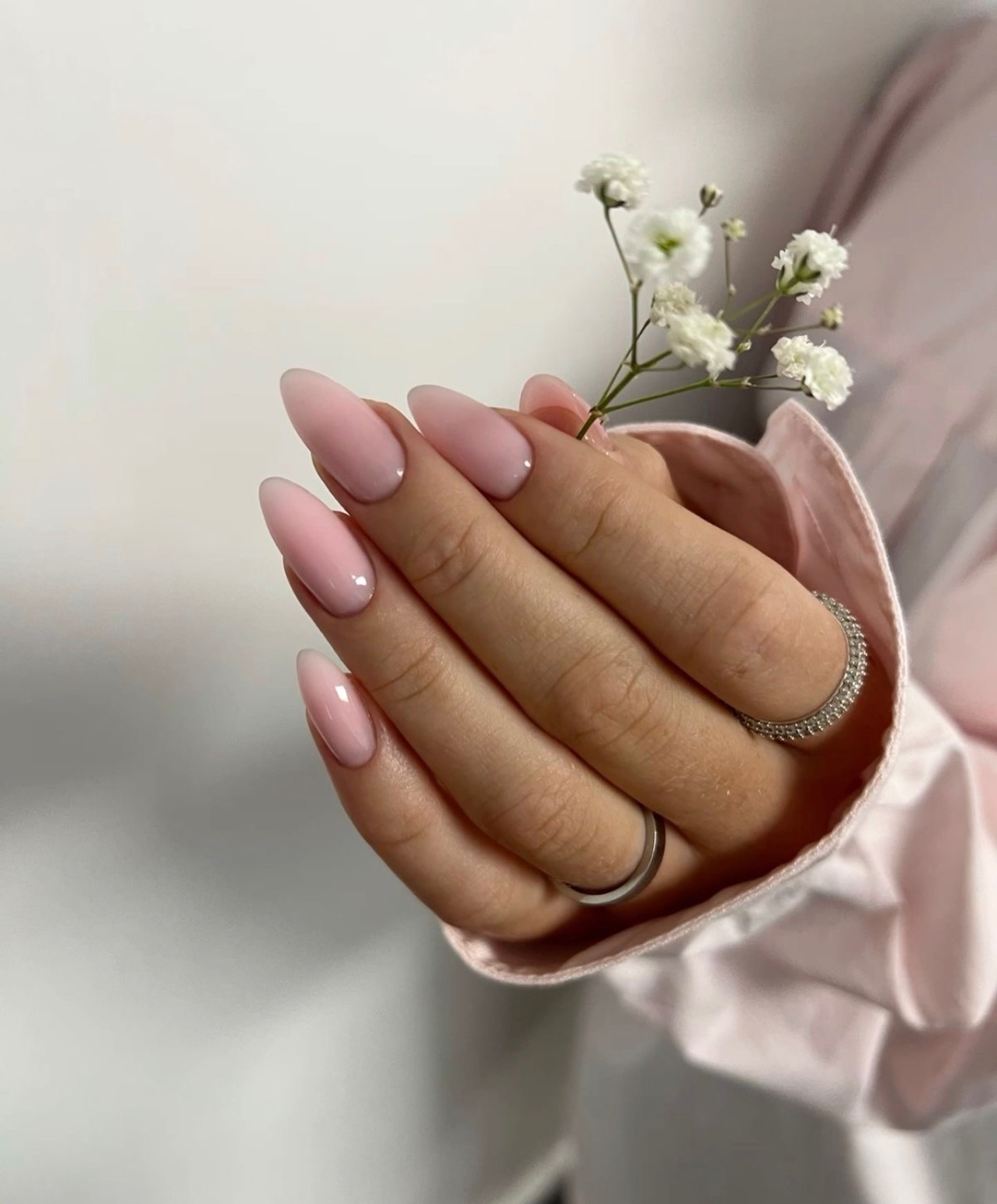 Soft pink milky almond gel manicure