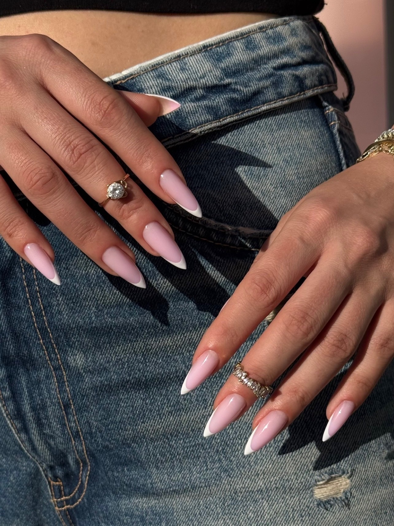 Long almond pink French tip gel nails
