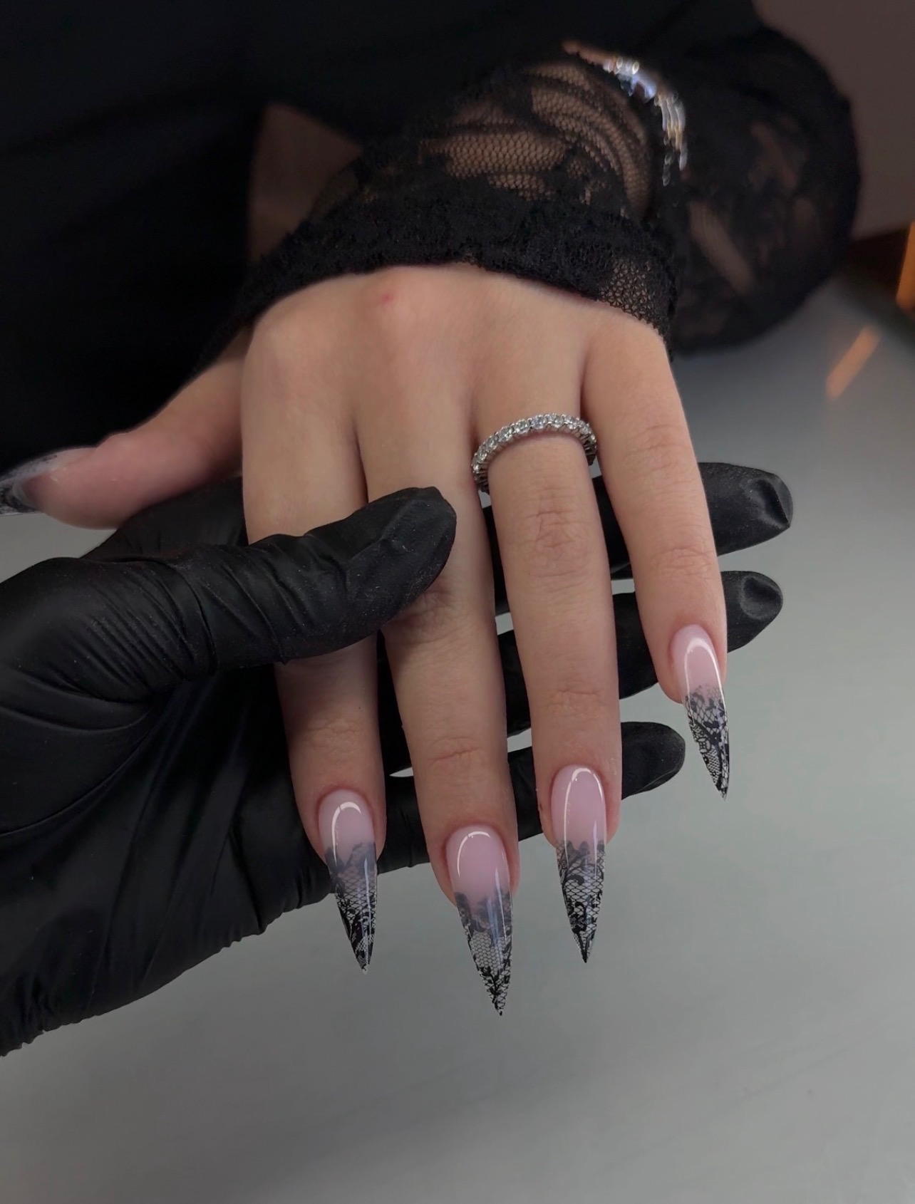 Black lace tip stiletto nails