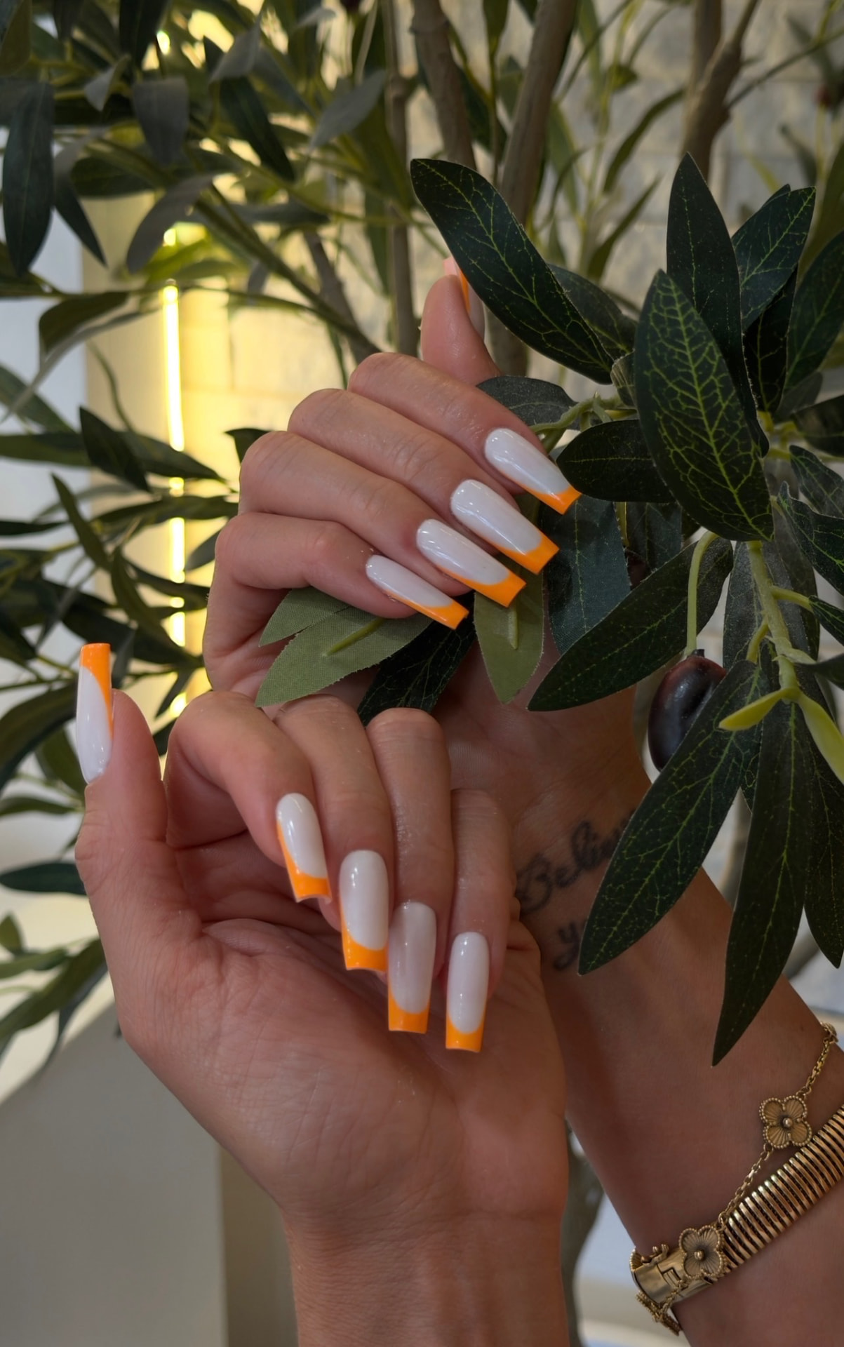 Orange and white long coffin French nails